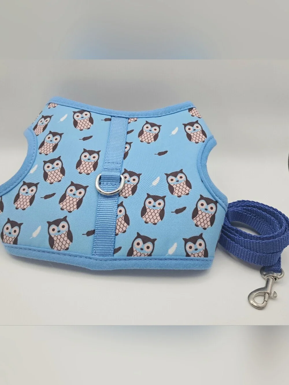 Cute Blue Owl Print Bowtie Pet Harness with 4 ft Leash Small Dog Cat 10
